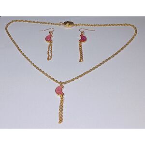 OOAK New Handmade Pink Druzy Moon earrings & necklace 18 in set Stocking stuffer